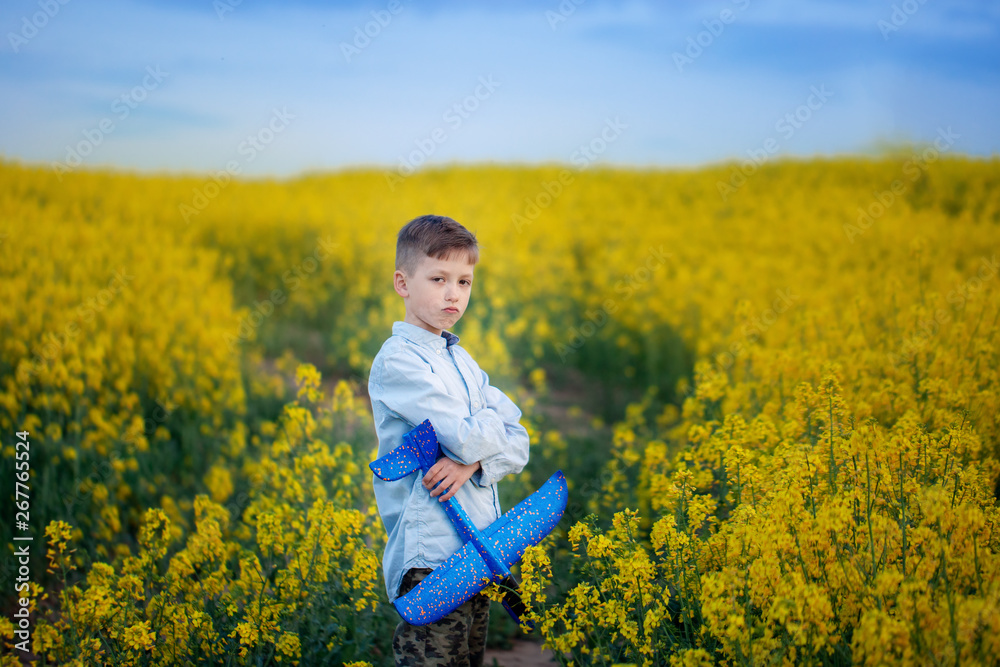 Boy plays with a toy airplane in summer day. Boy plays with a toy airplane in summer day.