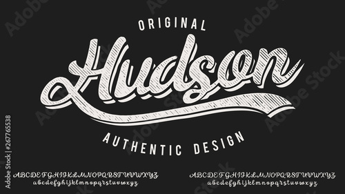 Hudsone. Hand made script typeface. Vintage brush script. Retro vector illustration. Print for clothes. photo