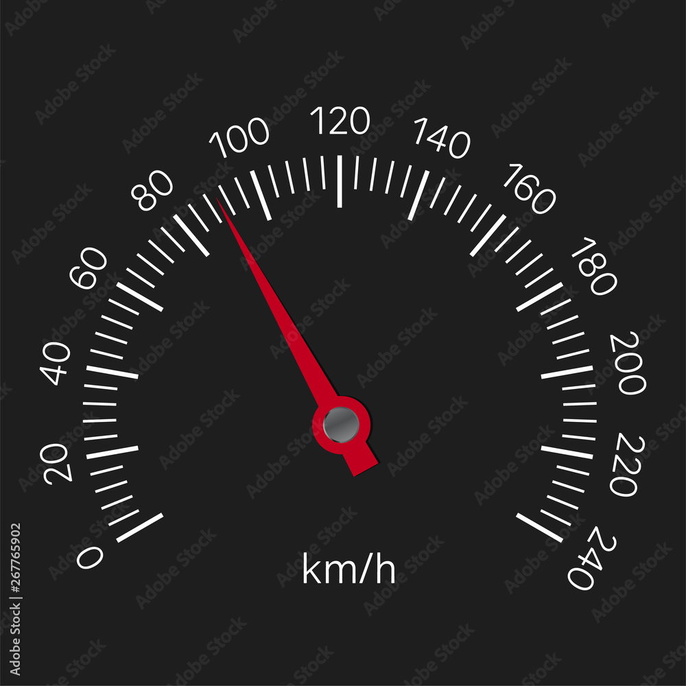 Realistic illustration of speedometer with red hand and white numbers with kilometers per hour. Isolated on black background, vector Realistic illustration of speedometer with red hand and white numbers with kilometers per hour. Isolated on black background, vector