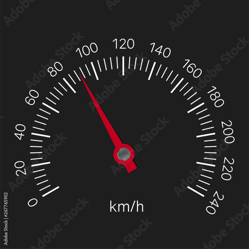 Realistic illustration of speedometer with red hand and white numbers with kilometers per hour. Isolated on black background, vector