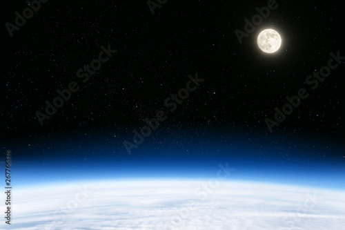blue earth planet globe and black outer space with full moon and stars over horizon of cloudy sky aerial view from universe of astronomy nature landscape background light design concept wallpaper