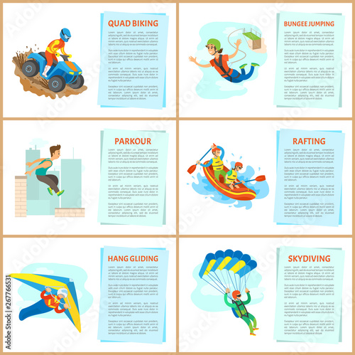 Bungee jumping woman and parkour man vector, rafting water sports performance of team in boat. Hang gliding and skydiving, active lifestyle of people