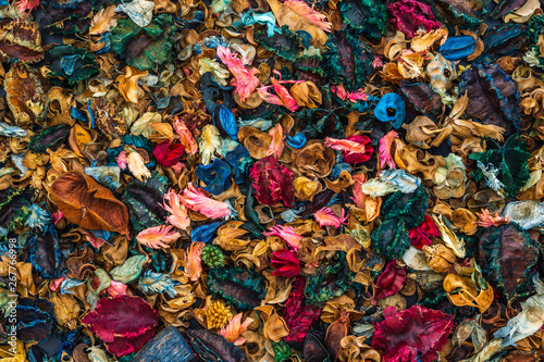 Top view of aromatherapy potpourri mix of dried aromatic flowers texture background, many beautiful vibrant colors. flat lay.