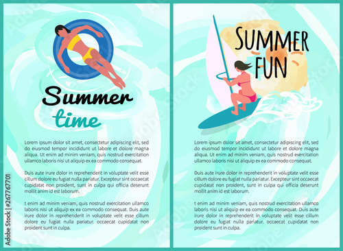 Summer fun people on vacation vector, set of posters with text. Windsurfing woman and lady laying on lifebuoy, relaxation summertime holidays seaside