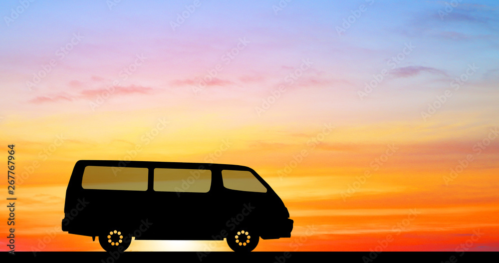 silhouette car on sunset background.