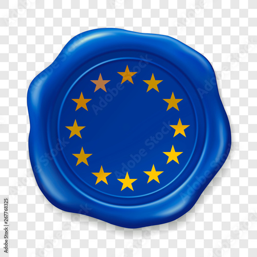 European union flag. Glossy wax seal. Sealing wax old realistic stamp label on transparent background. Top view. Label. Vector illustration