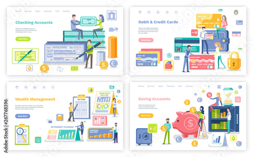 Debit and credit card vector, banking system for users. Pig with money and gold coins of dollar, smart planning with calendars and dates set. Website or webpage template, landing page flat style