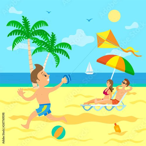 Family on summer vacations vector, kid running on beach holding wind kite in hand. Couple laying in sun sunbathing, umbrella making shade for people