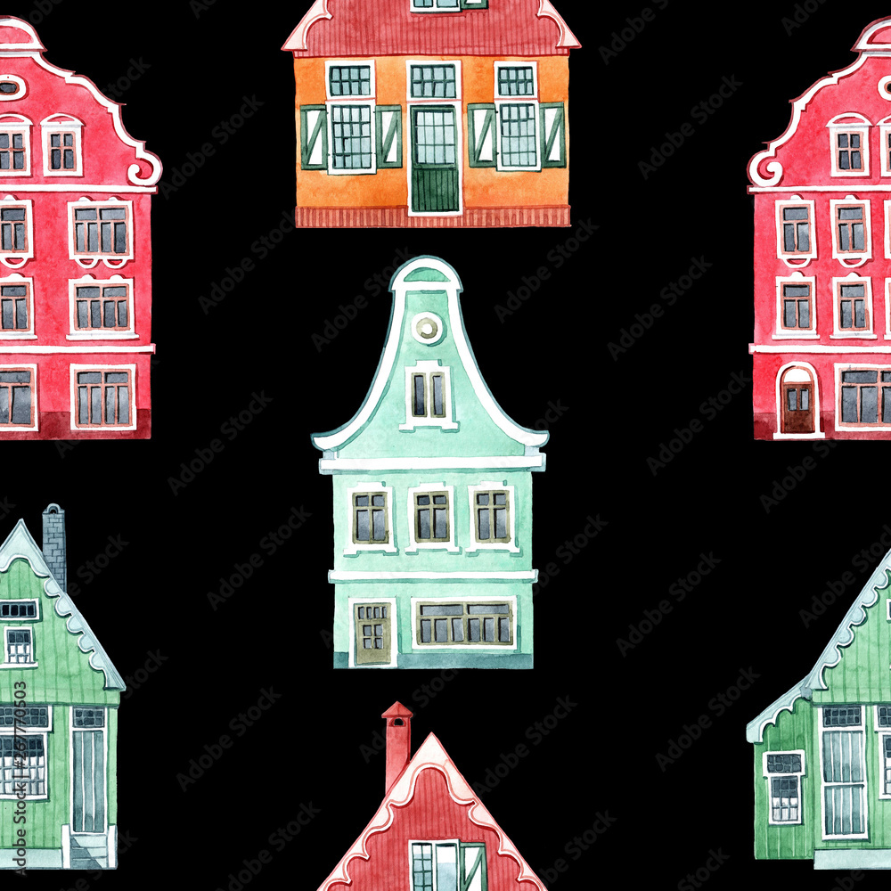 Watercolor seamless pattern with colorful house. Houses from the Dutch village.  Hand drawn illustration.