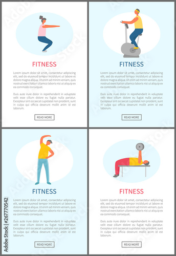 Sport and physical activity, fitness trainings vector. Squats and exercise bike, bending over and weight lifting, men and women working out at gym