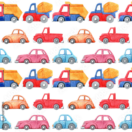 Watercolor seamless pattern with cartoon car. Funny cartoon image. Travel conception. Hand painted retro car pattern. Watercolor vintage white background. . Multicolor car texture.