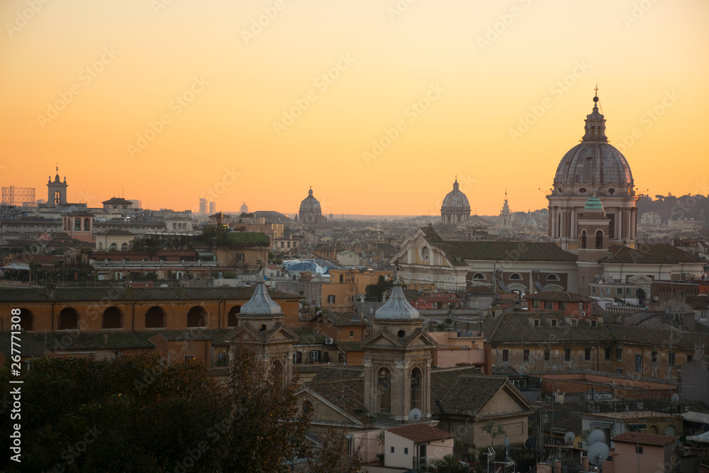 Panorama of Rome from Pincian Hill at sunset, Villa Borghese. Domes and roof tops of eternal city