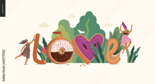 Dessert font - modern flat vector concept digital illustration of temptation font, sweet lettering and girls. Caramel, toffee, biscuit, waffle, cookie, cream and chocolate letters. Lettering Love