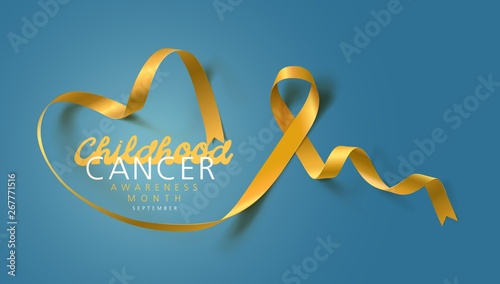 Childhood Cancer Awareness Calligraphy Poster Design. Realistic Gold Ribbon. September is Cancer Awareness Month. Vector