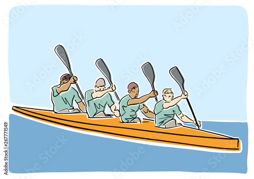 Academic canoe rowing. Team of four male rowers. Vector flat illustration. Colorful drawing. Isolated contour and colors. Abstract canoeing sport.