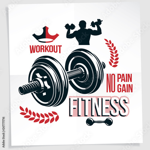 Heavy load power lifting championship advertising poster created with vector illustration of athletic sportsman holding fitness dumbbells sport equipment. No pain, no gain lettering.