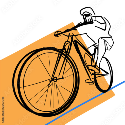 Hand drawn silhouette of single male bicyclist on bicycle. Yellow and blue geometric background. Vector cycling race illustration. Colorful drawing. Isolated black contour and colors.