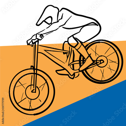 Hand drawn silhouette of single male bicyclist on bicycle. Yellow and blue geometric background. Vector cycling race illustration. Colorful drawing. Isolated black contour and colors.