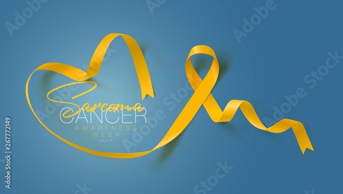 Sarcoma and Bone Cancer Awareness Calligraphy Poster Design. Realistic Yellow Ribbon. July is Cancer Awareness Month. Vector