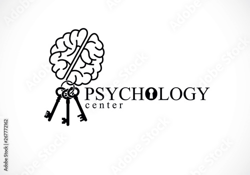 Human anatomical brain with keys as a keychain, mental health psychology conceptual logo or icon, psychoanalysis and psychotherapy as a key to human mind concept. Vector simple classic design.