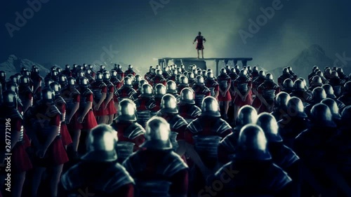 Roman Centurion Gives a Speech in Front of a Legion Under Rain photo