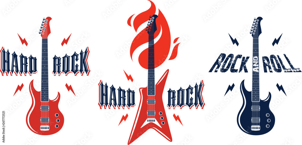 Hard Rock emblems with electric guitar vector logos set, concert festival  or night club labels, music theme illustrations, guitar shop or t-shirt  print, rock band sign with stylish typography. Stock Vector