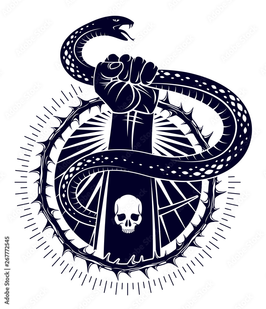 Hand squeezes a snake, fight against evil devil and Satan, control your inner beast animal, archetype shadow, life is a fight concept, vintage vector logo or tattoo. - obrazy, fototapety, plakaty 