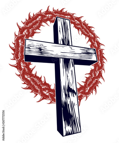 Christian cross with blackthorn thorn vector religion logo or tattoo, passion of the Christ.