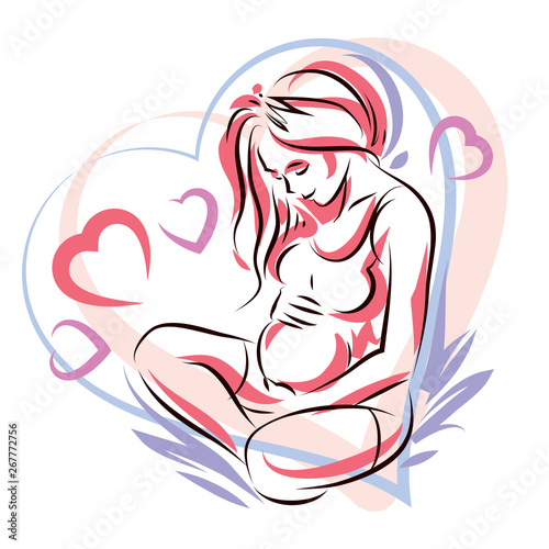 Pregnant female surrounded by heart shape frame hand drawn vector illustration, beautiful lady gently touching her belly. Love and tenderness concept.