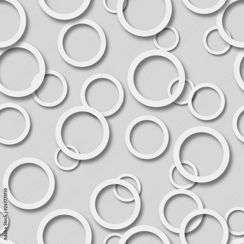 Abstract seamless pattern of randomly arranged white rings with soft shadows on gray background Abstract seamless pattern of randomly arranged white rings with soft shadows on gray background