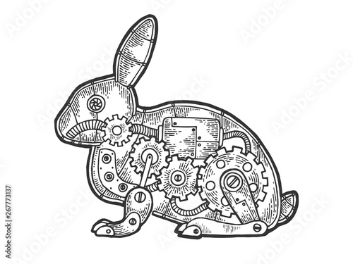 Mechanical Hare rabbit animal sketch engraving vector illustration. Scratch board style imitation. Black and white hand drawn image.