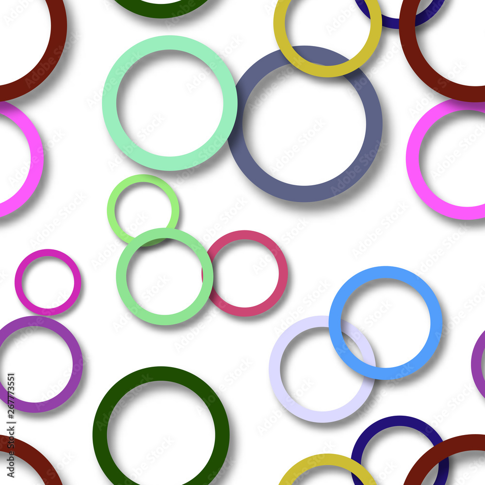 Obraz premium Abstract seamless pattern of randomly arranged colored rings with soft shadows on white background