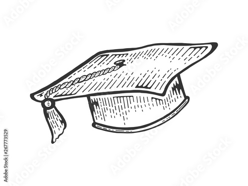 Square academic cap sketch engraving vector illustration. Scratch board style imitation. Black and white hand drawn image.