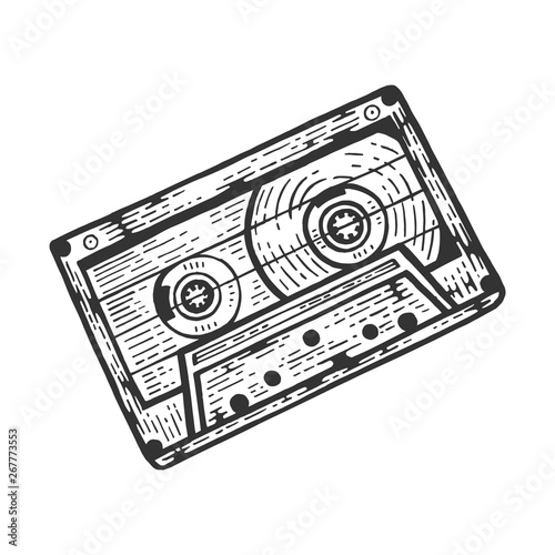 Compact Audio Cassette tape sketch engraving vector illustration. Scratch board style imitation. Black and white hand drawn image.