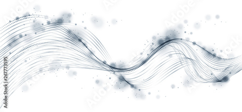 Vector abstract background with wave of flowing particles, smooth curve shape lines, particle array flow. 3d shape dots blended mesh, future technology relaxing wallpaper.