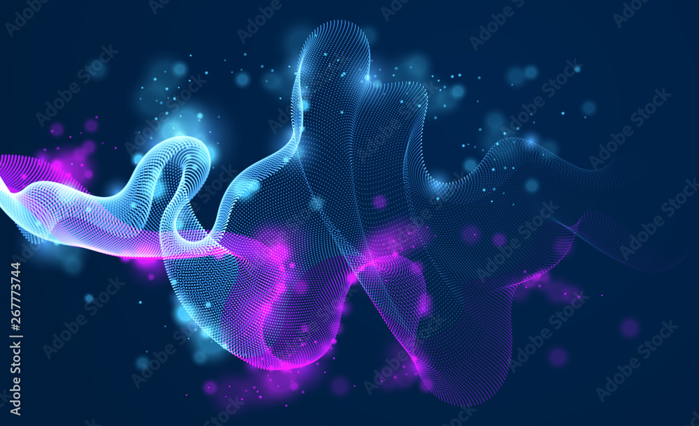 Sound wave over dark, particles flow, effect in motion. Dynamic vector abstract background. 3d shape shining dots blended mesh, future technology relaxing wallpaper. Sound wave over dark, particles flow, effect in motion. Dynamic vector abstract background. 3d shape shining dots blended mesh, future technology relaxing wallpaper.