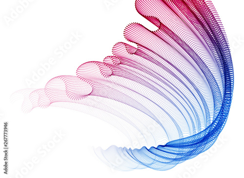 Dynamic particles sound wave flowing, transparent tulle textile on wind. Dotted curves vector abstract background. Beautiful 3d wave shaped array of blended points.