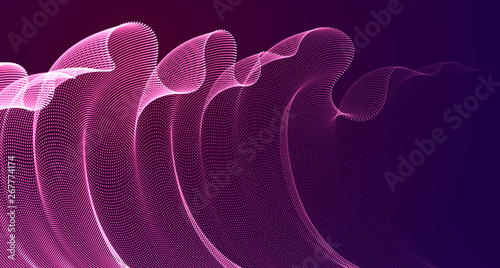 3d magic particles mesh array over dark, transparent tulle textile on wind flowing. Round points vector effect illustration. Blended mesh, 3d calming tranquil wallpaper.
