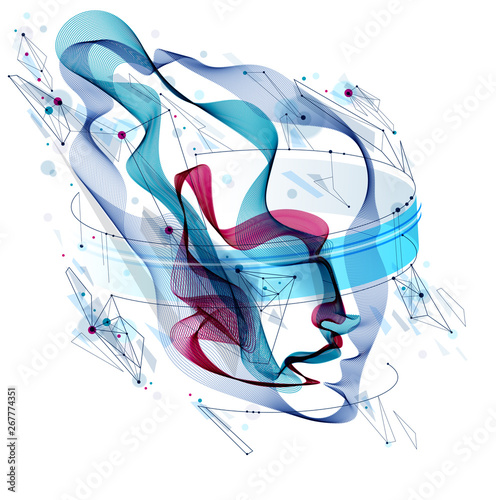 Abstract artistic human head portrait made of dotted particles array, vector illustration of Artificial Intelligence, software digital visual interface.