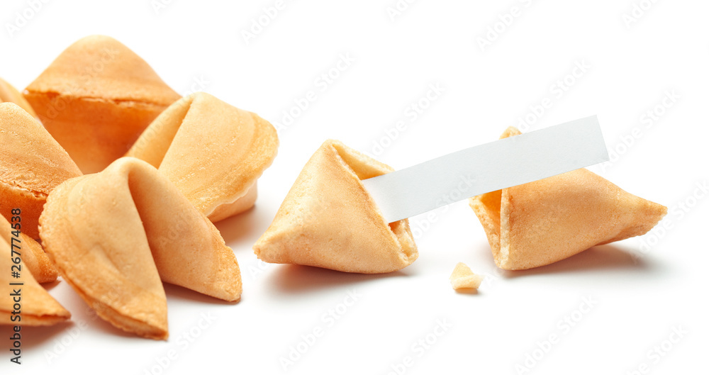 Chinese fortune cookies. Cookies with empty blank inside for prediction words. Isolated on white background. Chinese fortune cookies. Cookies with empty blank inside for prediction words. Isolated on white background.