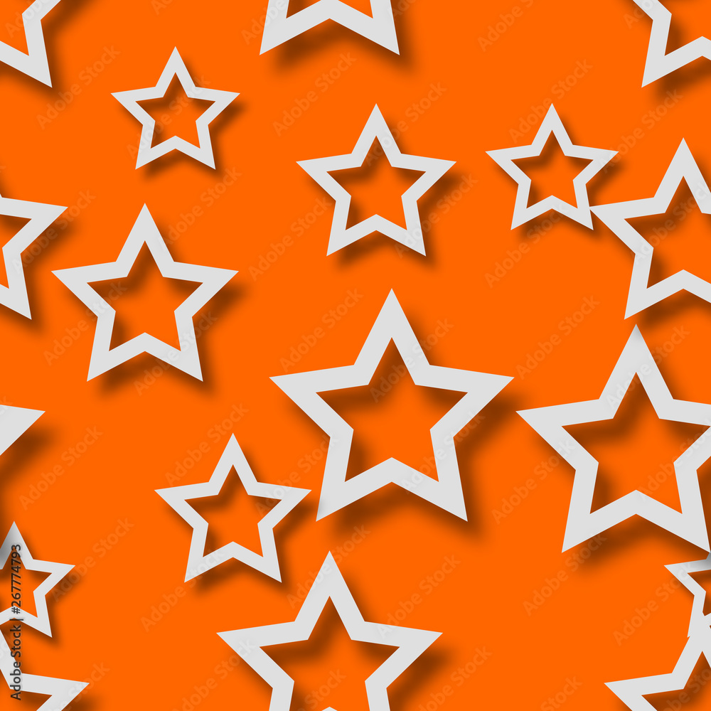 Abstract seamless pattern of randomly arranged white stars with soft shadows on orange background Abstract seamless pattern of randomly arranged white stars with soft shadows on orange background