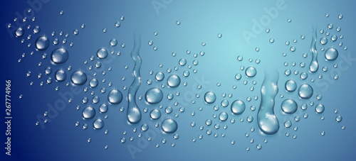 Water drops in shower or pool, condensate or rain droplets realistic transparent vector illustration, easy to put over any background or use droplets separately.