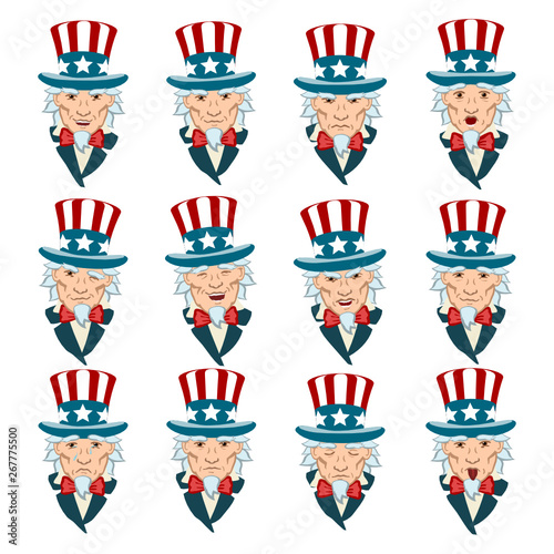 Set of uncle Sam facial expressions with different emotions isolated on white background