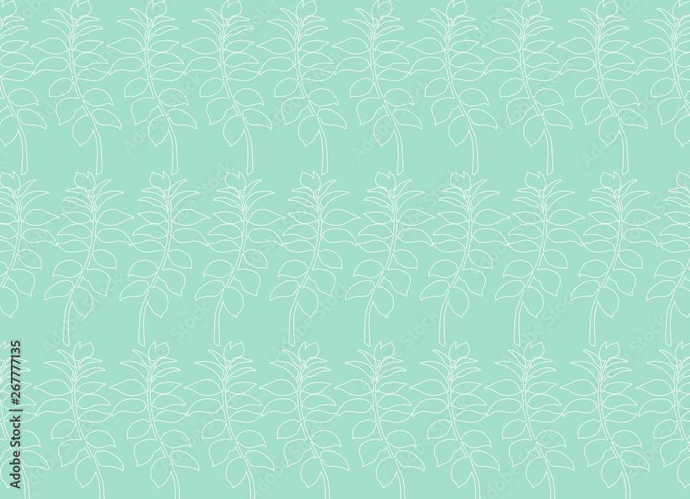 Abstract turquoise  background with a pattern with branches of leaves