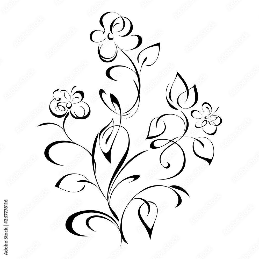 Plakat stylized bouquet of wildflowers with leaves and curls in black lines on white background