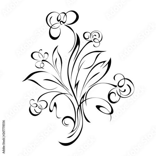 bouquet of wild flowers with leaves and curls in black lines on a white background