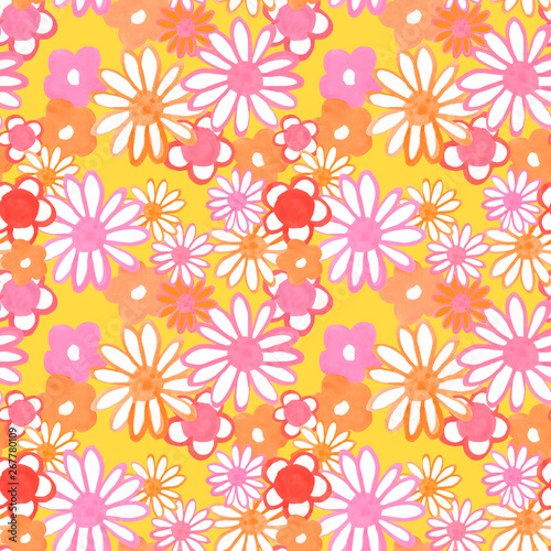 Pink, yellow, red and orange floral seamless pattern. Bohemian vintage pattern with daisy flowers in 60s and 70s style. Flower power.