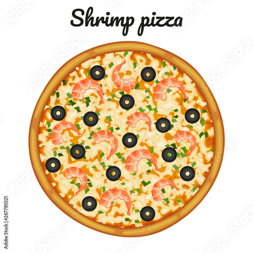 Shrimp pizza. Object for packaging, advertisements, menu. Isolated on white. Vector illustration. Cartoon.