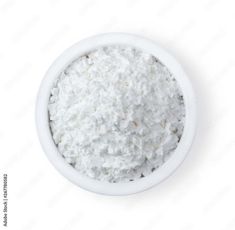 flour on Bowl solated on white background, top view flour on Bowl solated on white background, top view