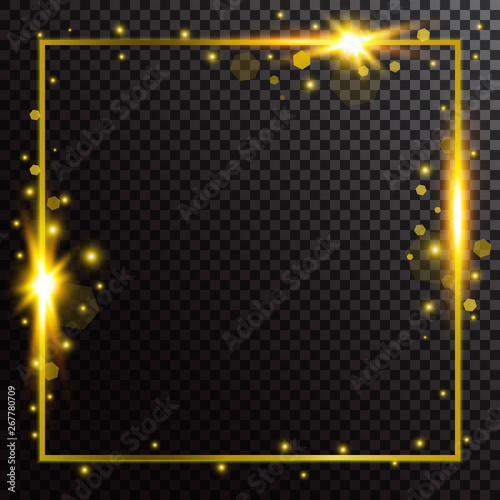 Shiny glowing gold frame on dark transparent background. Golden border with flares and sparks for design. wedding invitation  christmas  card  poster  coupon  ad  web.